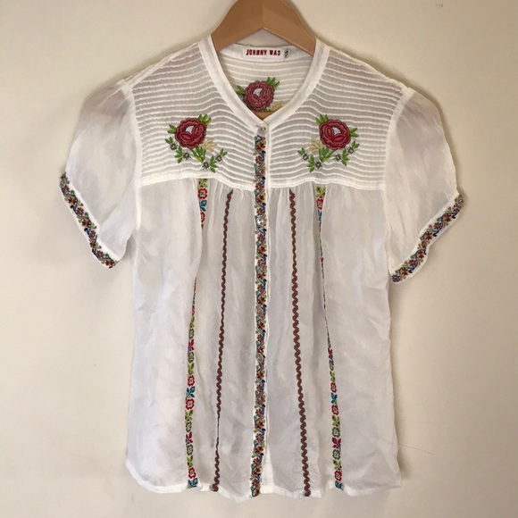 Johnny Was Tops - Johnny Was Rayon Rose Embroidery Shirt XS